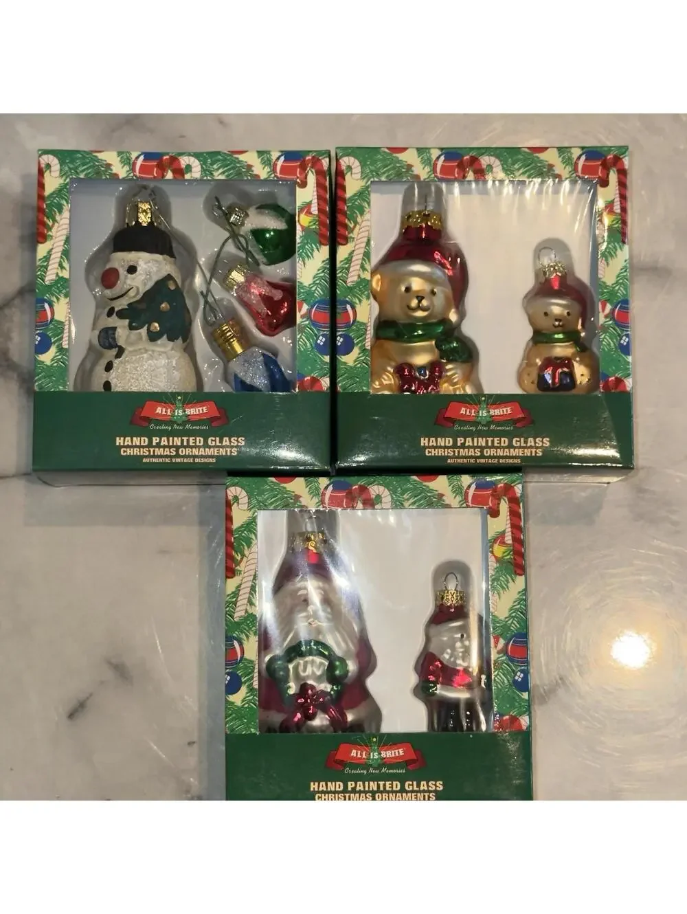 Handpainted Mini Glass Ornaments ALL IS BRITE Santa Snowman Teddy Bear Vintage